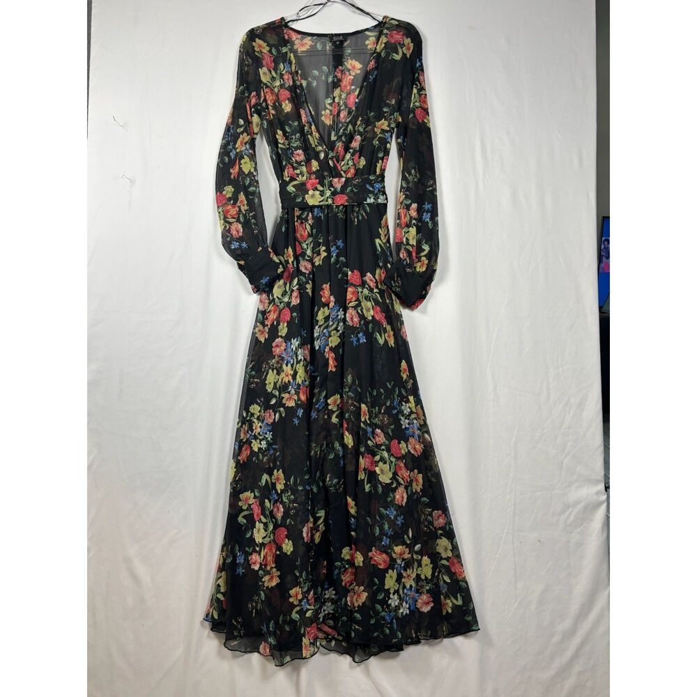 Floral Maxi Dress Medium Black Sheer V-Neck Boho Whimsical Romantic Sexy - Picture 3 of 11